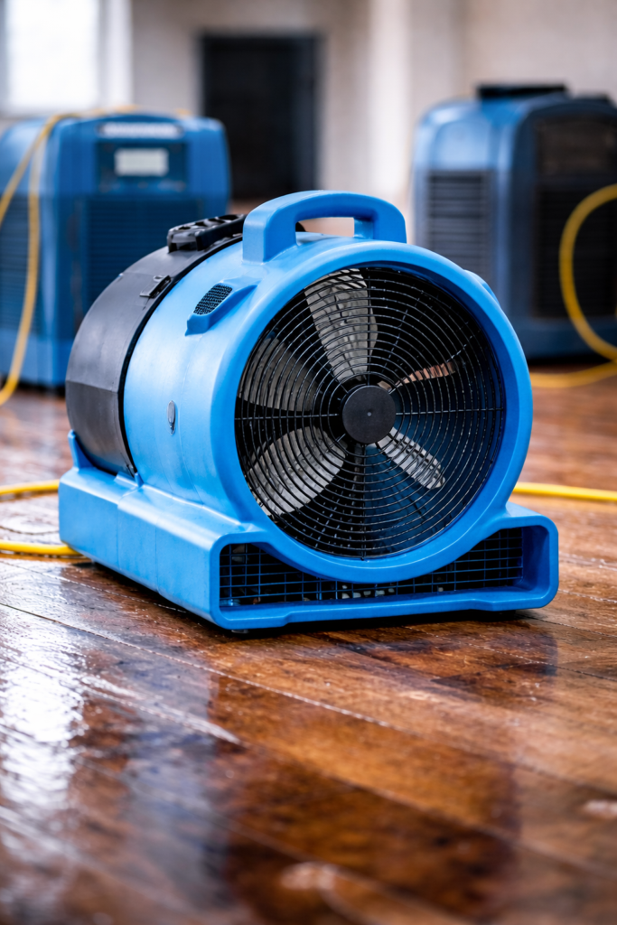 Blue industrial air mover drying a wet hardwood floor with dehumidifiers in the background.
