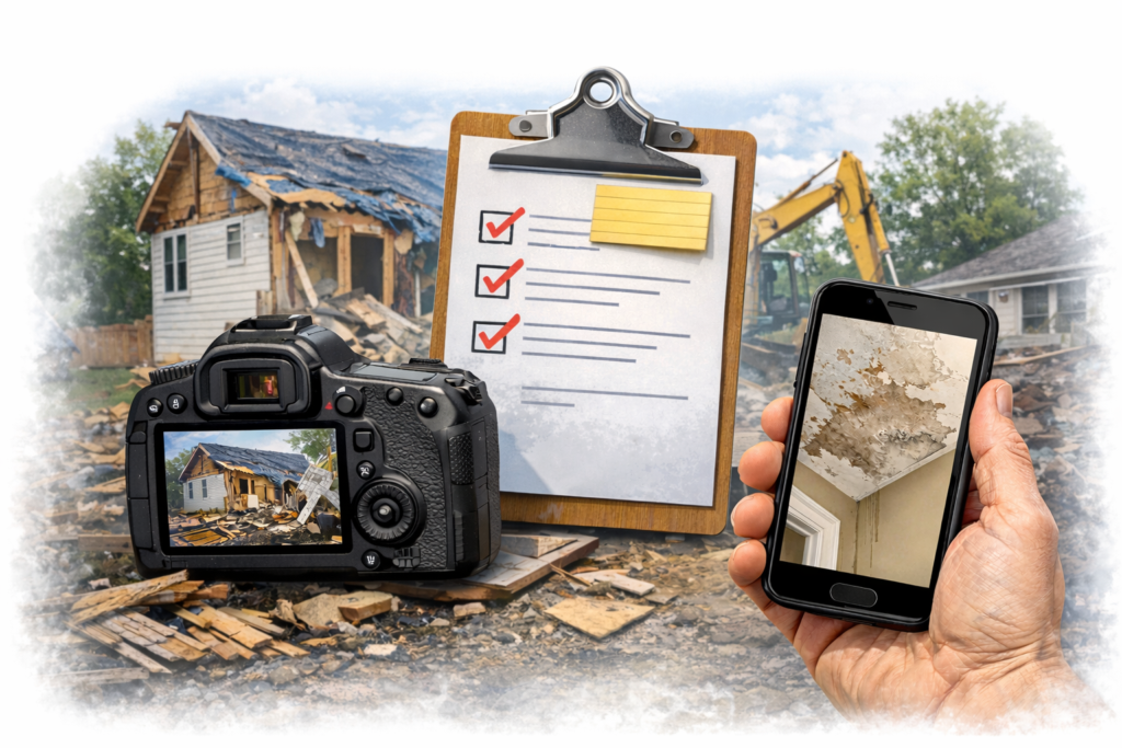 Disaster recovery assessment scene with a damaged house and debris in the background; in the foreground, a camera, a clipboard checklist, and a hand holding a smartphone showing interior water damage, representing documentation before repairs.”