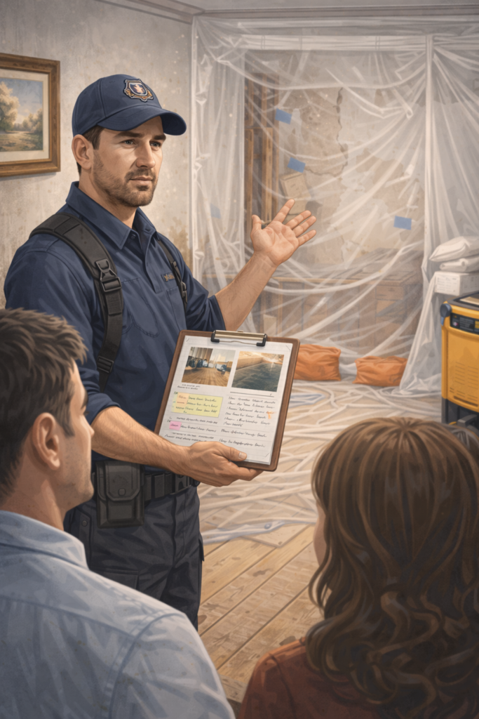 Restoration technician reviews documented damage with a clipboard of photos and notes while outlining next steps to homeowners in a room with protective plastic sheeting and drying equipment nearby.