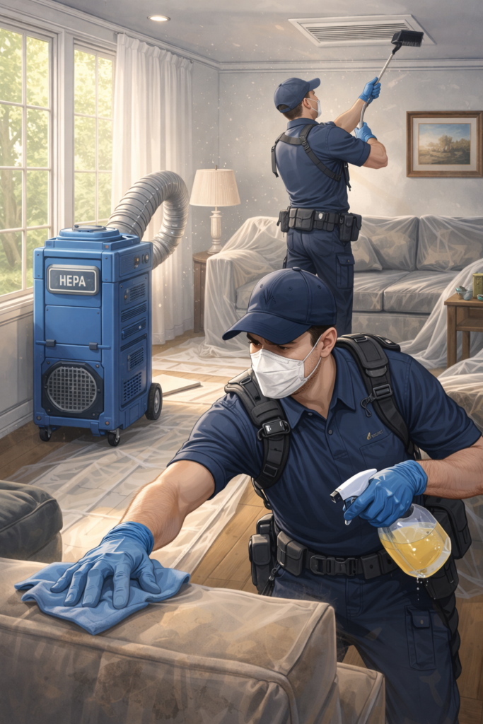Two cleaning technicians in protective masks and gloves deep-clean a room while a portable HEPA air scrubber runs nearby, with furniture covered in plastic to reduce dust and odors during detailed cleaning.