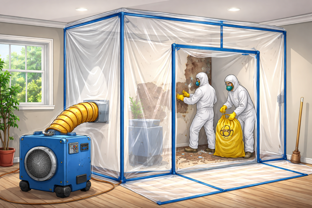 Illustration of a sealed containment area with clear plastic sheeting while two technicians in protective suits remove damaged drywall, and a HEPA air scrubber with a duct hose filters the air to protect the rest of the home.