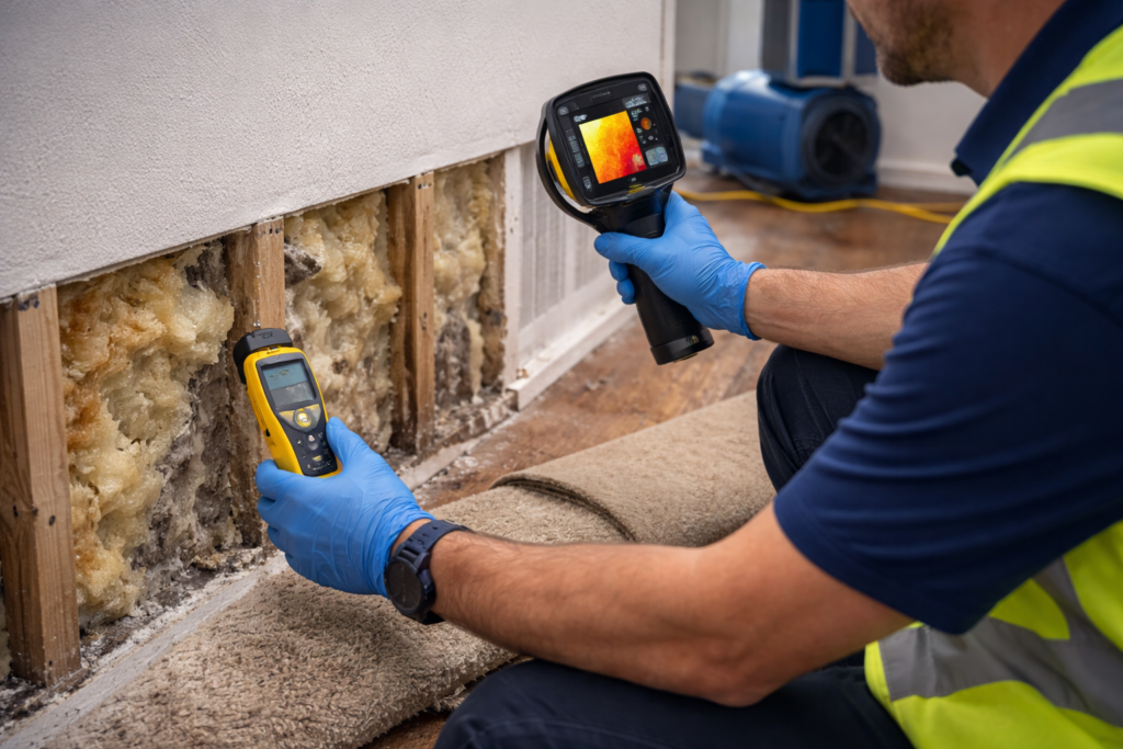 Technician uses a thermal imaging camera and moisture meter to locate hidden moisture behind removed drywall and insulation, with drying equipment in the background to support targeted mold remediation.
