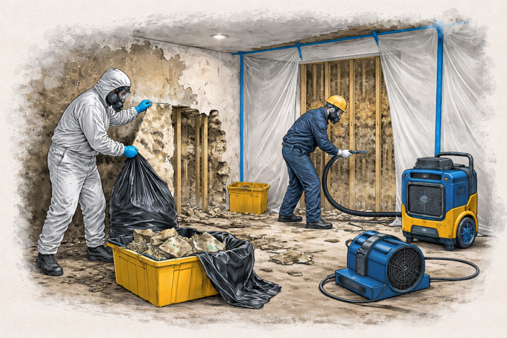 Illustrated mold remediation scene in a partially demoed room: two technicians in protective suits and respirators remove damaged drywall into bags and bins while another cleans exposed wall studs using a HEPA vacuum; plastic containment sheeting and air-scrubbing equipment are set up nearby.