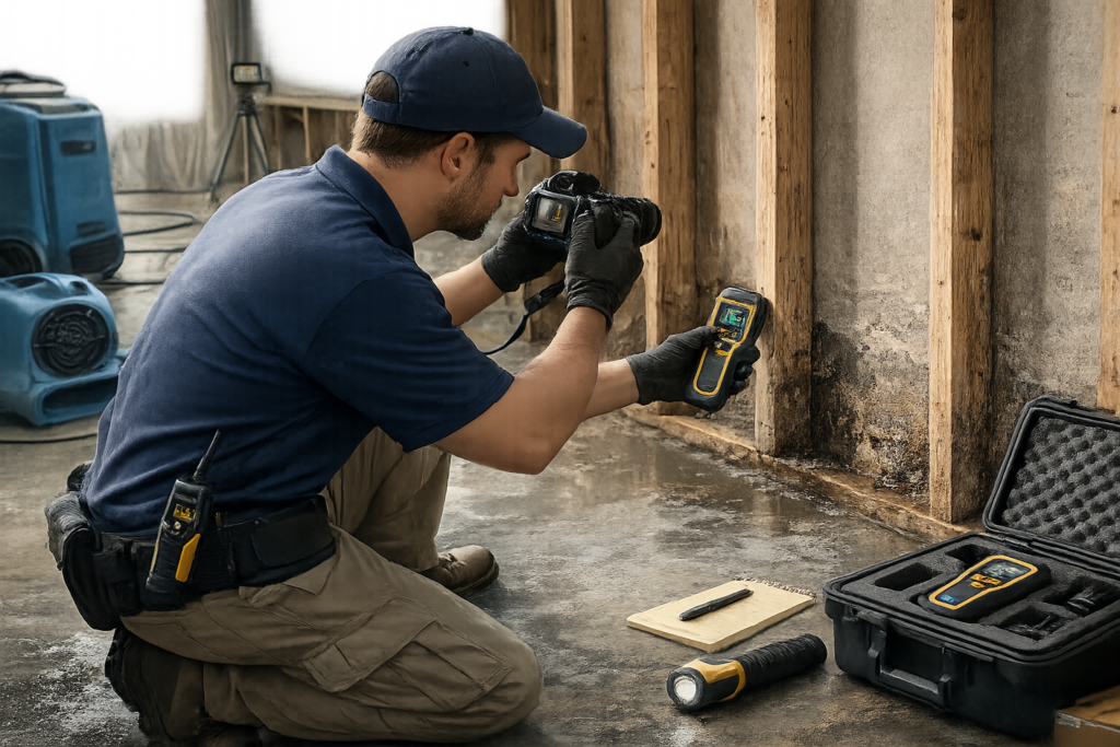 Restoration technician photographs exposed wall framing and checks moisture with a meter to verify drying before rebuild.