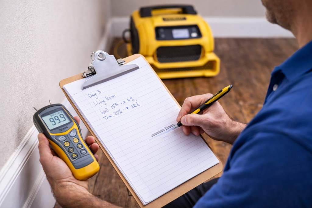 Restoration technician takes moisture readings with a handheld meter while recording notes on a clipboard during dry-out verification.