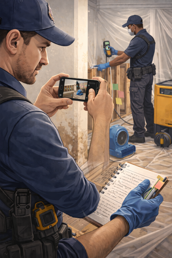 Restoration technician documents cleanup progress by taking photos on a smartphone and writing notes on a clipboard while a second technician checks readings in a protected work area with plastic sheeting and drying equipment nearby.