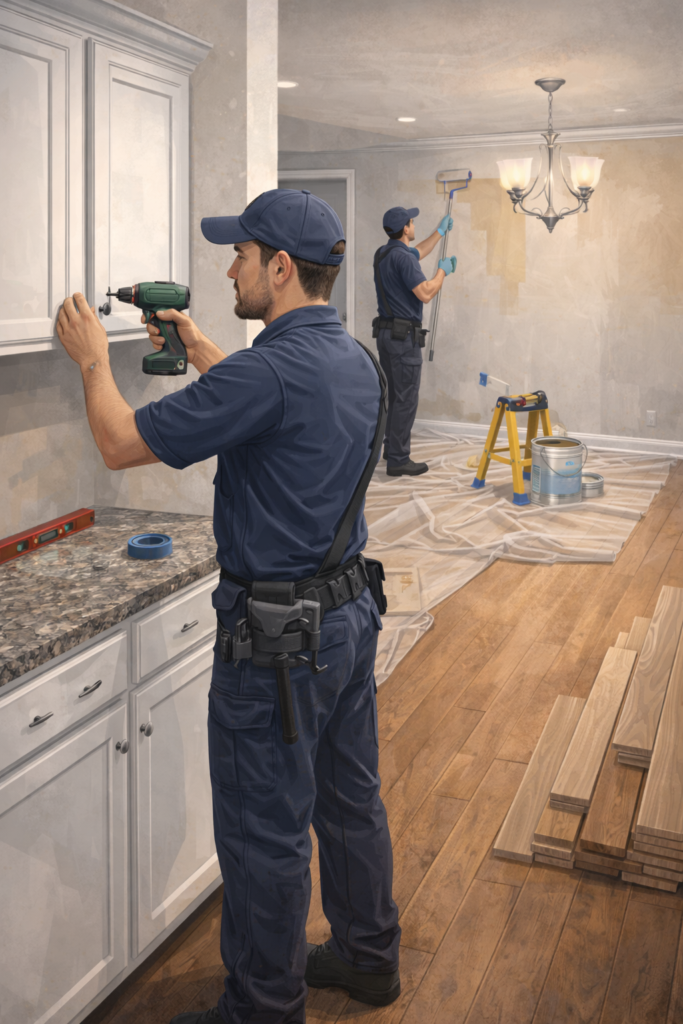 Two restoration professionals complete rebuild and finish work in a clean renovation space—one installing white cabinets and trim with a drill while another paints and preps walls, with new flooring staged for installation.