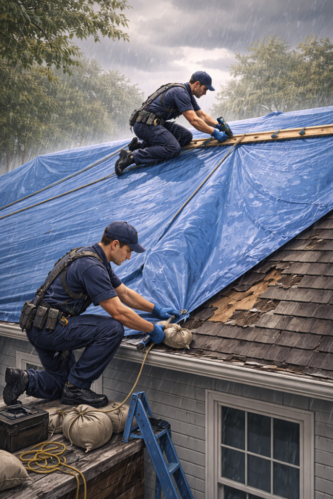 Two emergency restoration technicians secure a heavy-duty tarp over a damaged roof in rainy weather, fastening it with boards, straps, and weighted anchors to reduce water intrusion until permanent repairs can be completed.