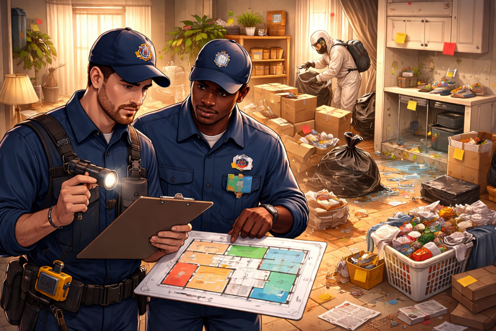 Illustration of two restoration professionals assessing a cluttered home, documenting conditions on a clipboard and floor plan, while sorting and bagging items room-by-room to create a clear cleanup plan.