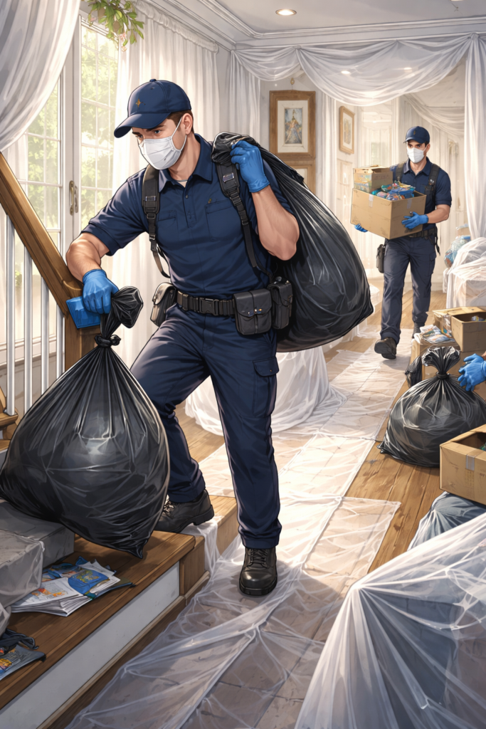 Illustration of a restoration technician using a portable HEPA air scrubber while another performs detailed surface cleaning in a room, reducing dust and odors with controlled airflow and careful wipe-down methods.