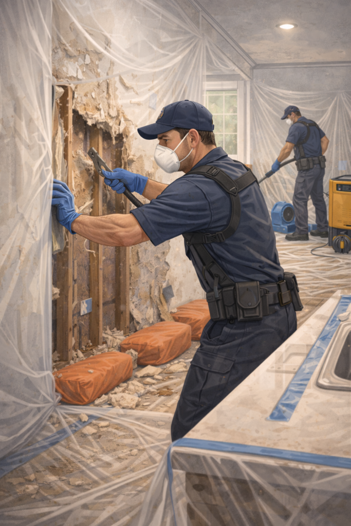 Restoration technician performs selective drywall removal inside a plastic-contained work area while a second technician preps the exposed framing and runs drying/filtration equipment, with debris neatly bagged to protect clean surfaces and pathways.