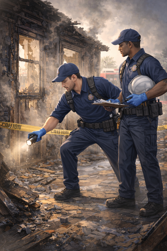 Illustration of two restoration technicians performing a safety assessment at a damaged home—one checking debris with a flashlight while the other reviews notes and a hard hat near caution tape and an emergency vehicle in the background.
