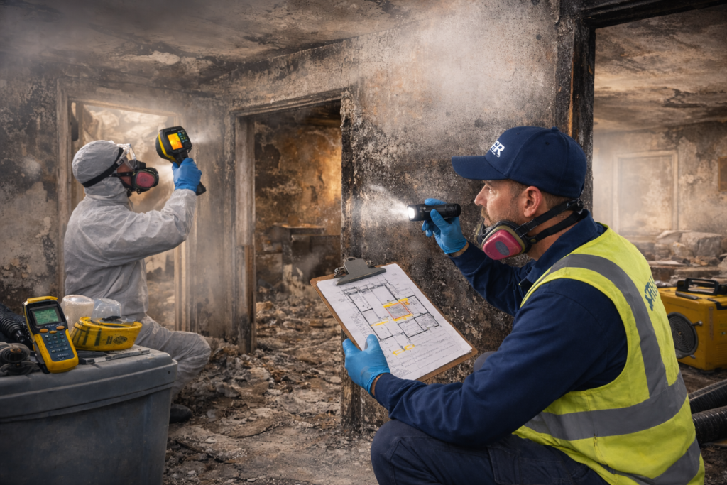 Two restoration technicians assess fire and smoke damage inside a soot-covered home, using a flashlight, clipboard notes, and a thermal camera to identify affected areas and map what needs cleaning, sealing, or replacement.