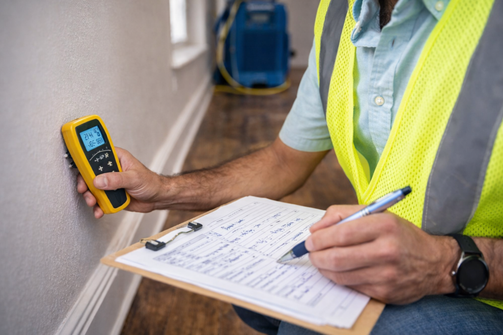 Technician records moisture readings on a clipboard while using a handheld moisture meter; an air mover is set up in the background for structural drying.